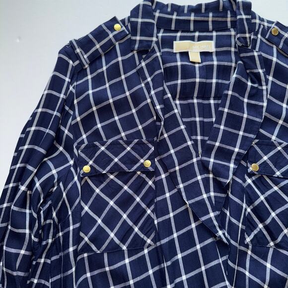 Michael Michael Kors Plaid Blouse Women’s L Navy White Gold Button Top Work - Picture 5 of 14